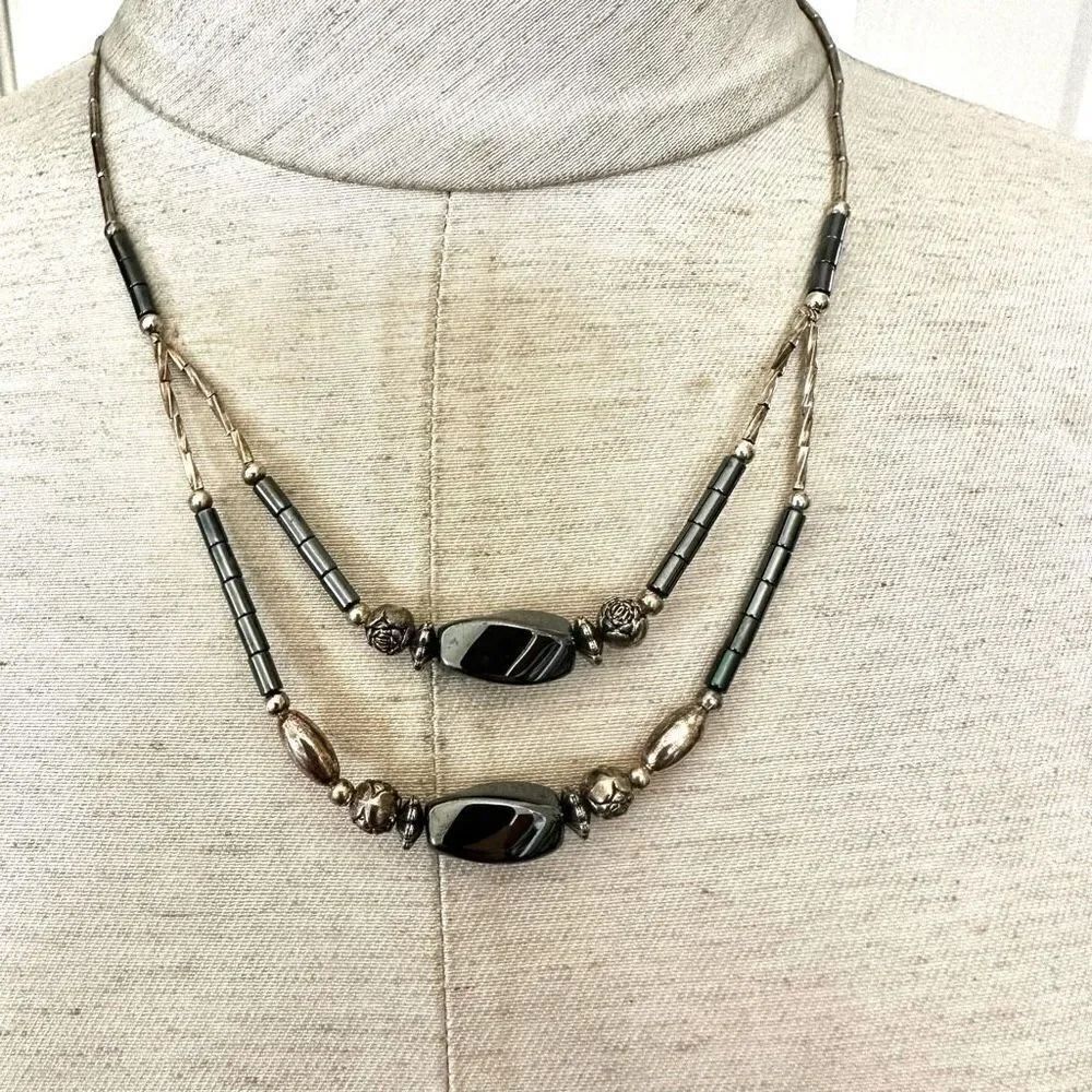 Silver tone and hematite double strand necklace